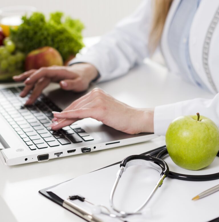 diet concept with female scientist healthy food2